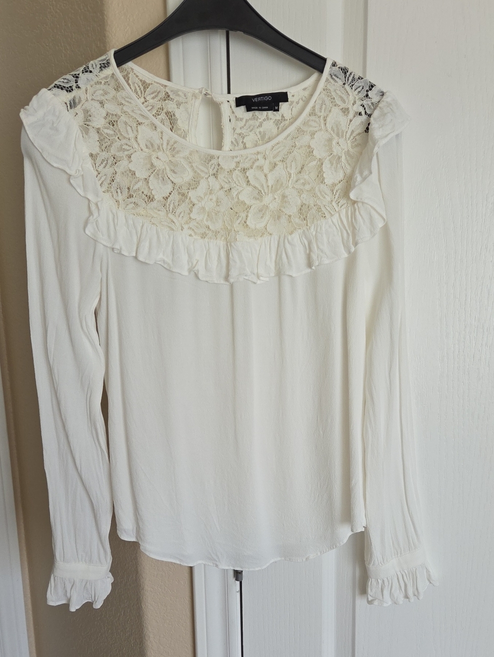 White Lace Yoke Long-Sleeve Blouse